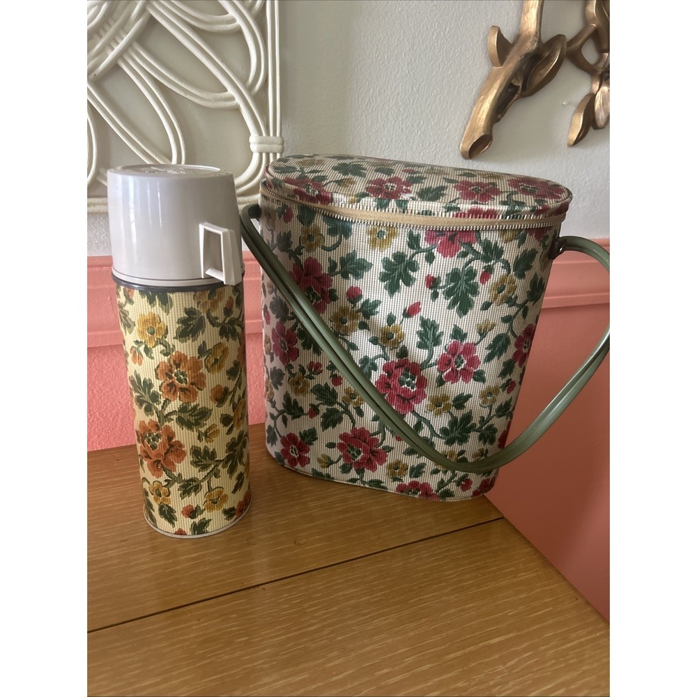 Vintage 70s Thermos Insulated Mug And Lunch Bag Picnic Floral Zippered Handle